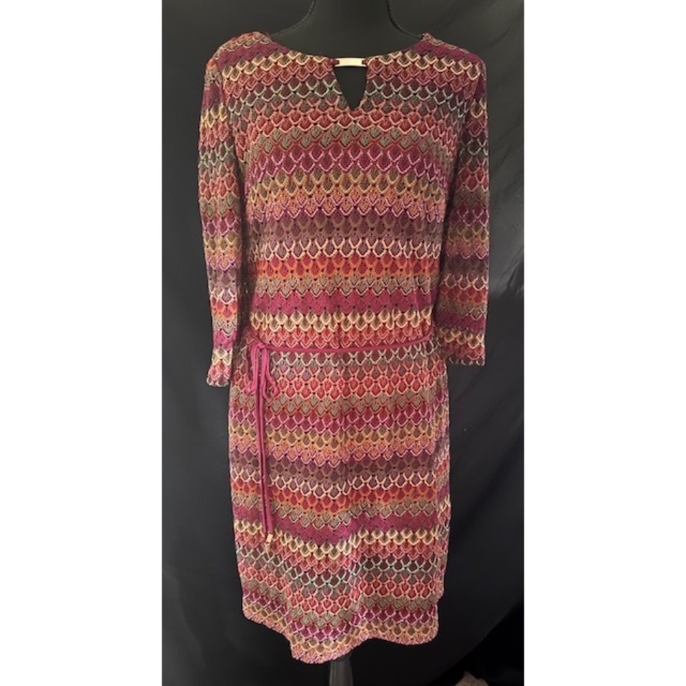 Studio One New York Chevron Knit Dress Womens 14 Berry Metallic 3/4 Sleeve Belt